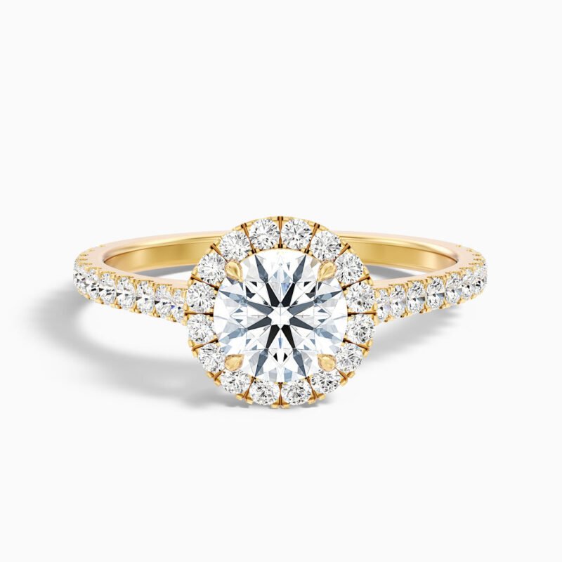 Pearl 2 Carat Round Halo Pave Moissanite Diamond Ring in 14k Yellow Gold