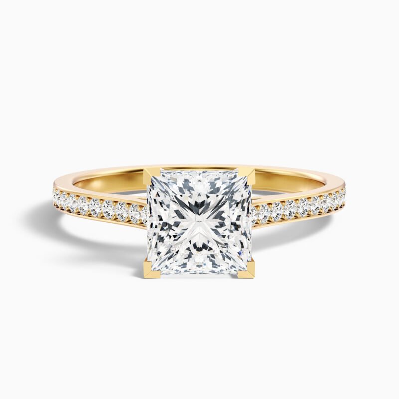 Pearl 2 Carat Princess Cut Side Stone Pave Lab Grown Diamond Ring in 14k Yellow Gold