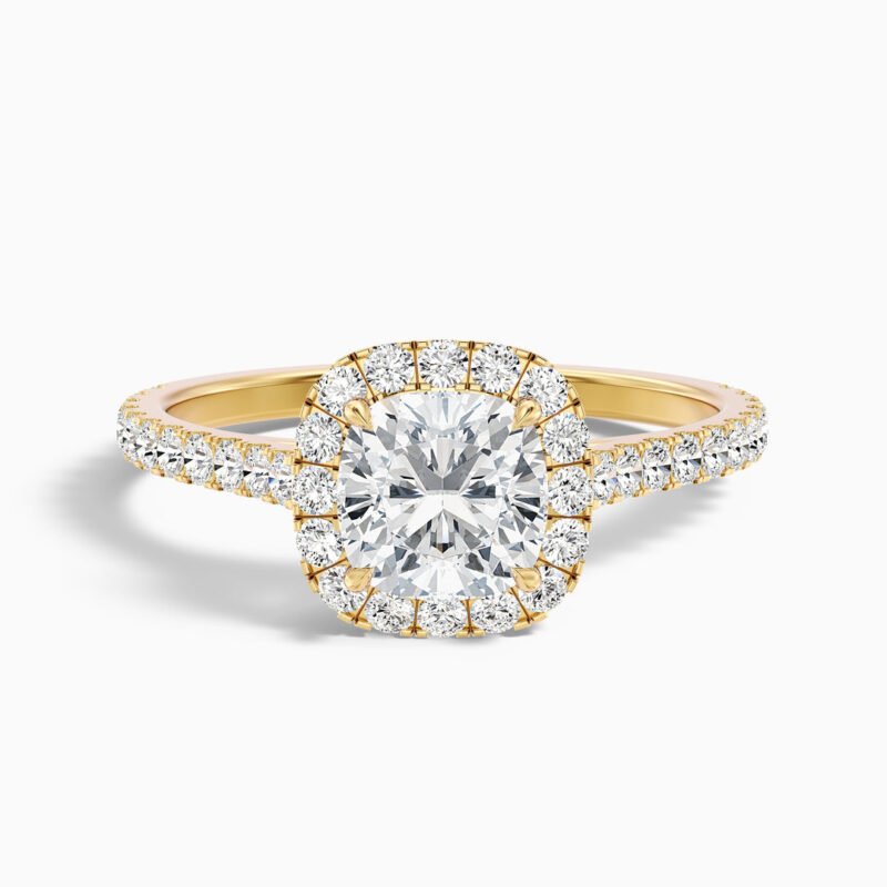Jini 2 Carat Cushion Cut Halo Pave Moissanite Diamond Ring in 14k Yellow Gold